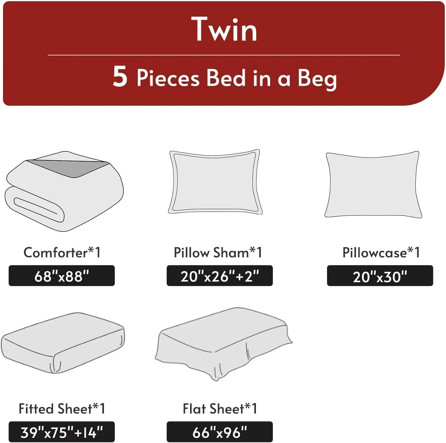 MUXHOMO 5 Pieces Twin Comforter Set, Reversible Bed in a Bag Twin Size, All Season Bedding Set with Comforter, Flat Sheet, Fitted Sheet, Pillowcases & Shams, Red & Black