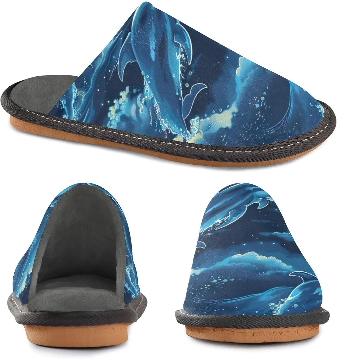 Nander Dolphins Jumping under The Moonlight Women's House Slippers,Men's Non-slip Fuzzy Slippers Soft Comfy Memory Foam Indoor Outdoor House Shoes-25