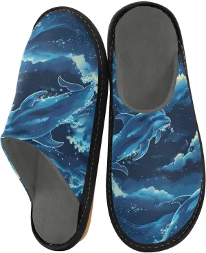Nander Dolphins Jumping under The Moonlight Women's House Slippers,Men's Non-slip Fuzzy Slippers Soft Comfy Memory Foam Indoor Outdoor House Shoes-25