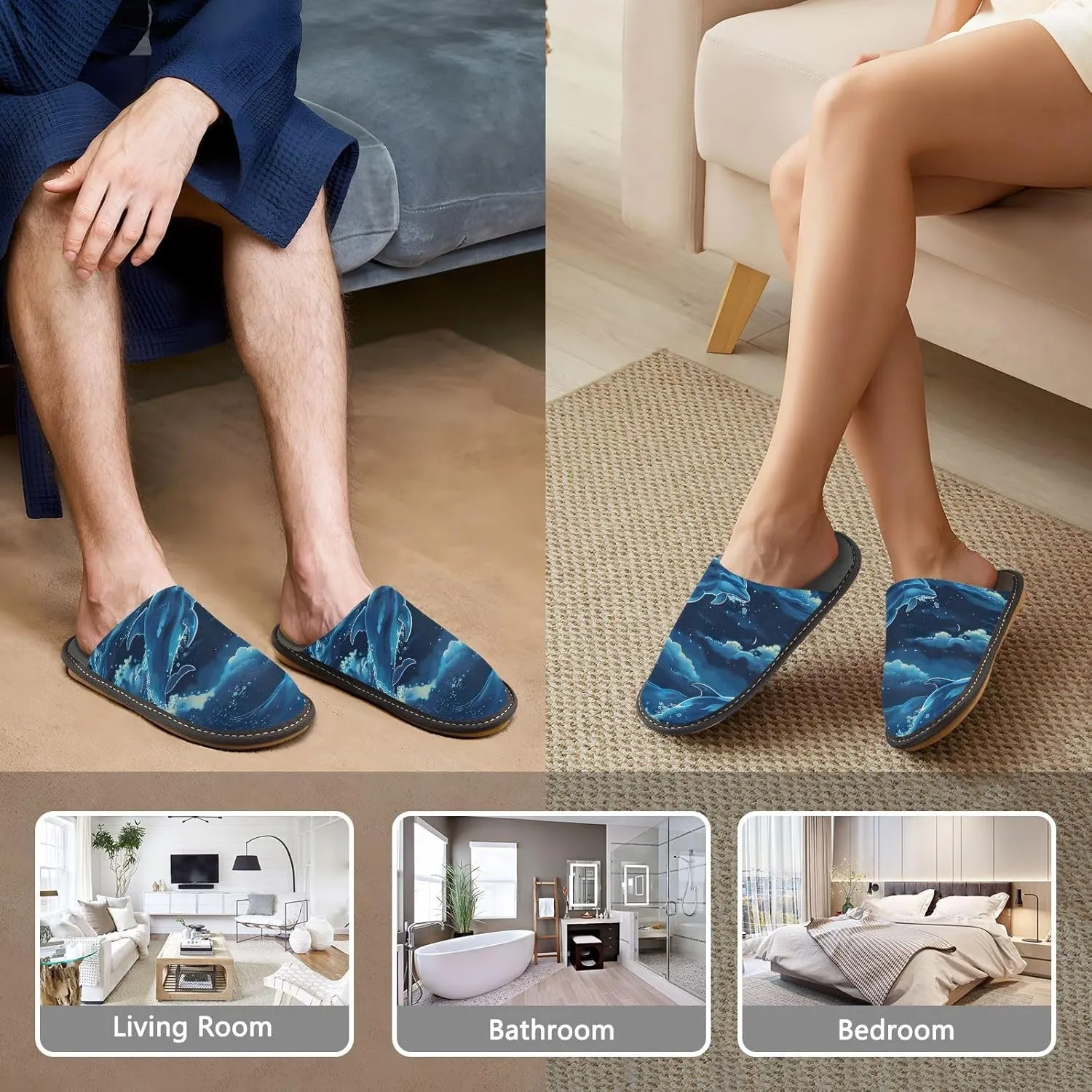 Nander Dolphins Jumping under The Moonlight Women's House Slippers,Men's Non-slip Fuzzy Slippers Soft Comfy Memory Foam Indoor Outdoor House Shoes-25