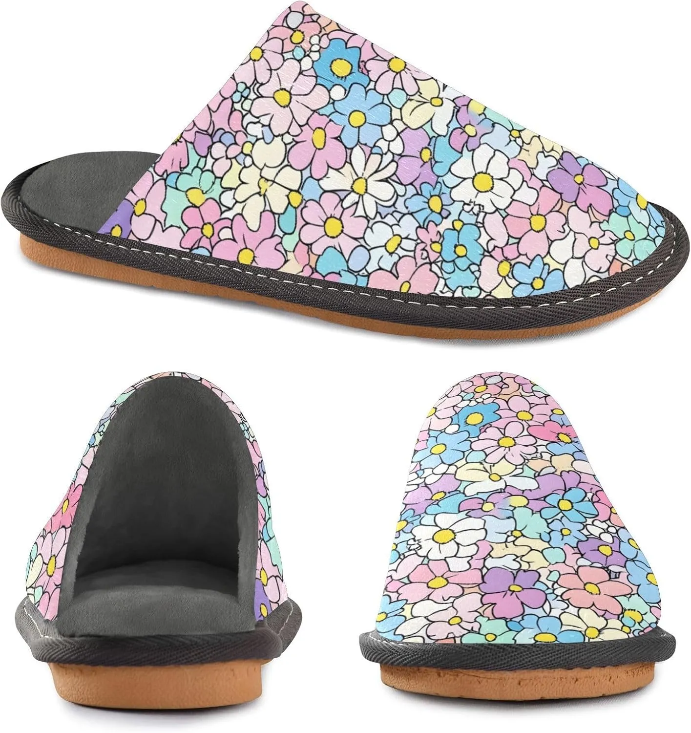Nander Small Pastel Flowers Women's House Slippers,Men's Non-slip Fuzzy Slippers Soft Comfy Memory Foam Indoor Outdoor House Shoes-25