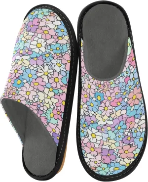 Nander Small Pastel Flowers Women's House Slippers,Men's Non-slip Fuzzy Slippers Soft Comfy Memory Foam Indoor Outdoor House Shoes-25
