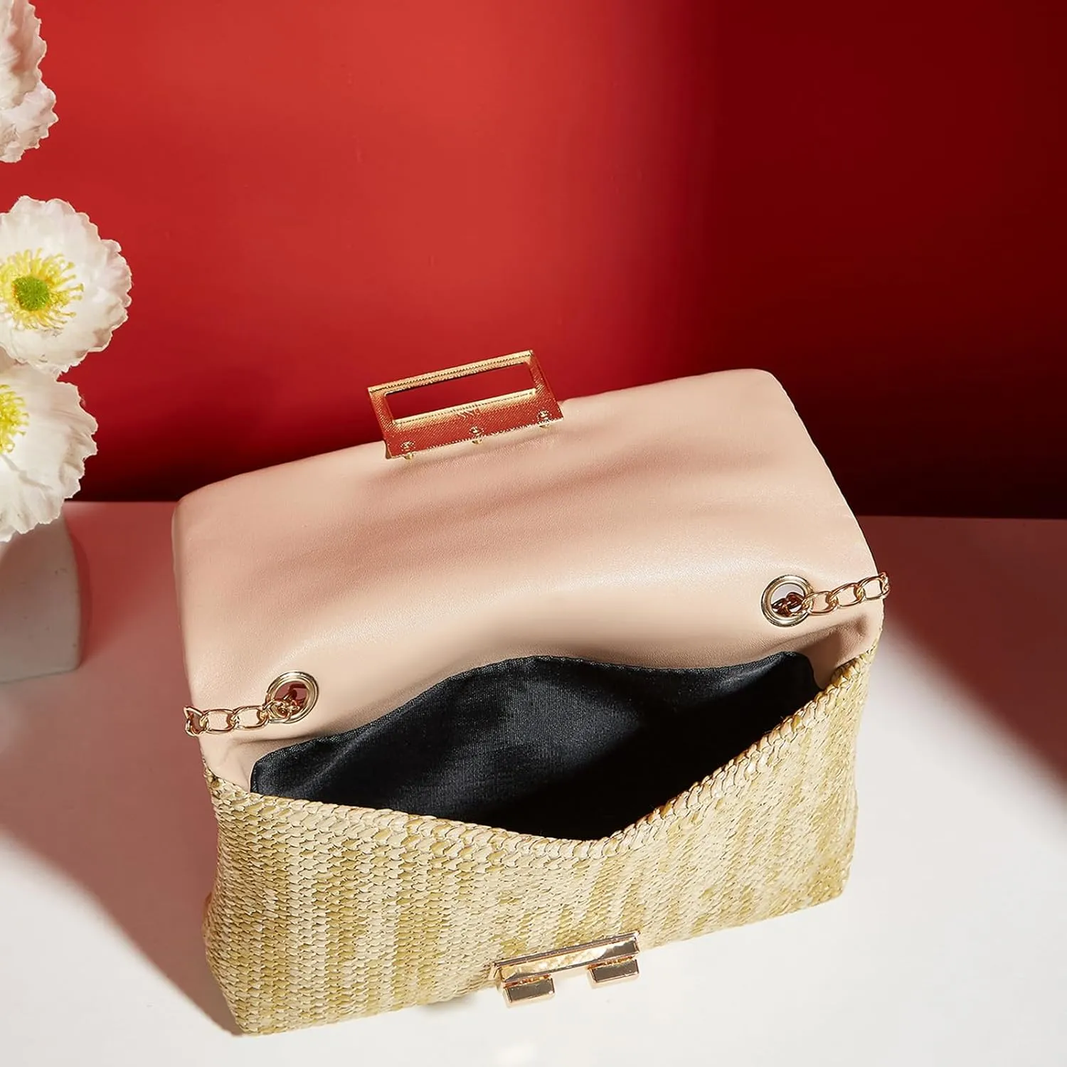 Natural Straw Flat Clutch Women 2024 Boho Purse Top Handle Crossbody Handbag Stylish Woven Envelope Wallet Evening