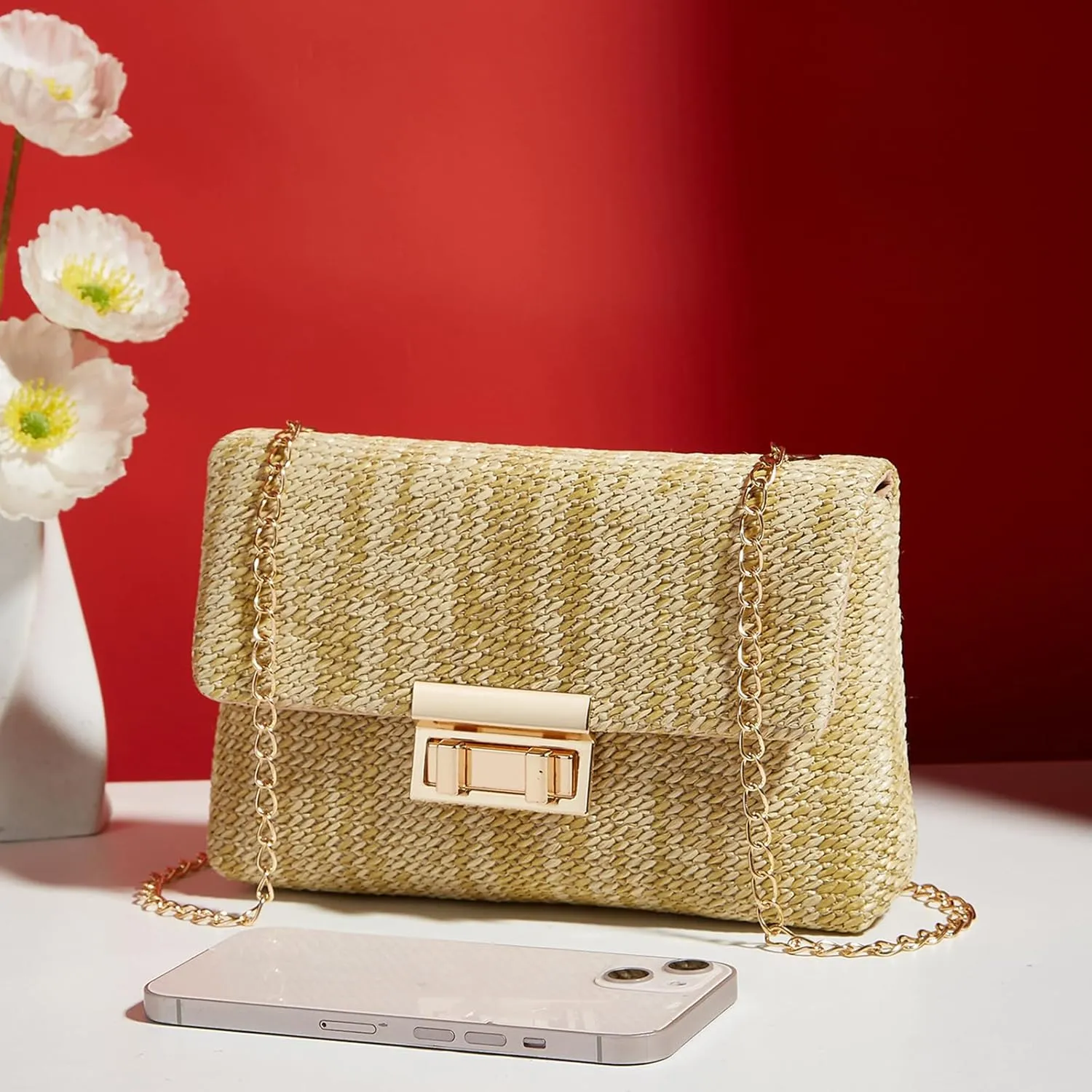 Natural Straw Flat Clutch Women 2024 Boho Purse Top Handle Crossbody Handbag Stylish Woven Envelope Wallet Evening