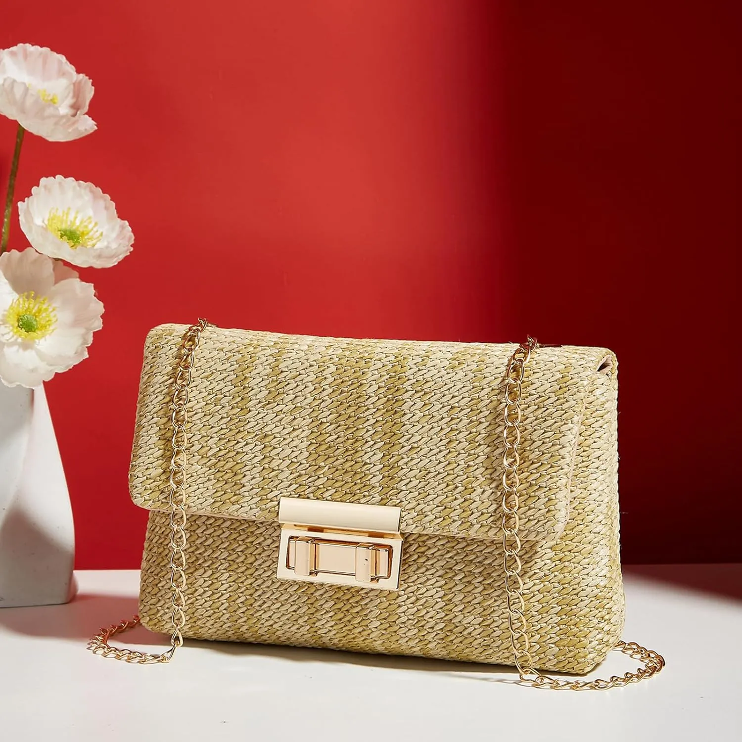 Natural Straw Flat Clutch Women 2024 Boho Purse Top Handle Crossbody Handbag Stylish Woven Envelope Wallet Evening