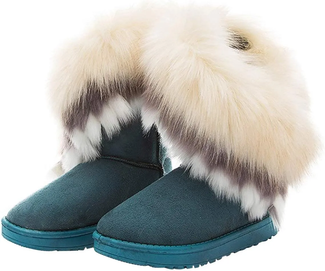 Naughtyangel Women Winter Warm Snow Ankle Boots Low Heels Faux Fox Rabbit Fur Tassel Shoes