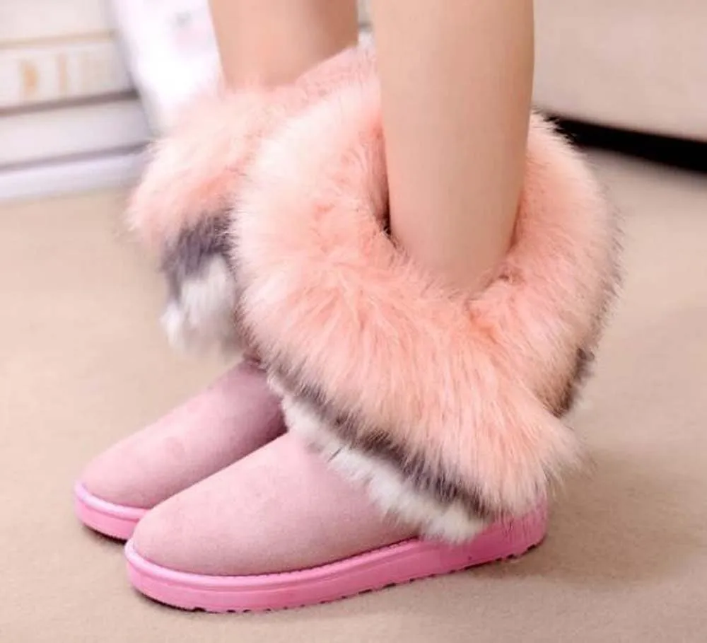 Naughtyangel Women Winter Warm Snow Ankle Boots Low Heels Faux Fox Rabbit Fur Tassel Shoes