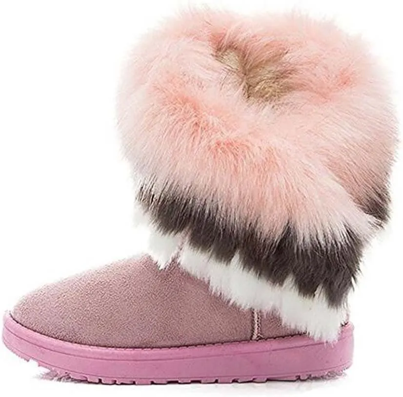 Naughtyangel Women Winter Warm Snow Ankle Boots Low Heels Faux Fox Rabbit Fur Tassel Shoes