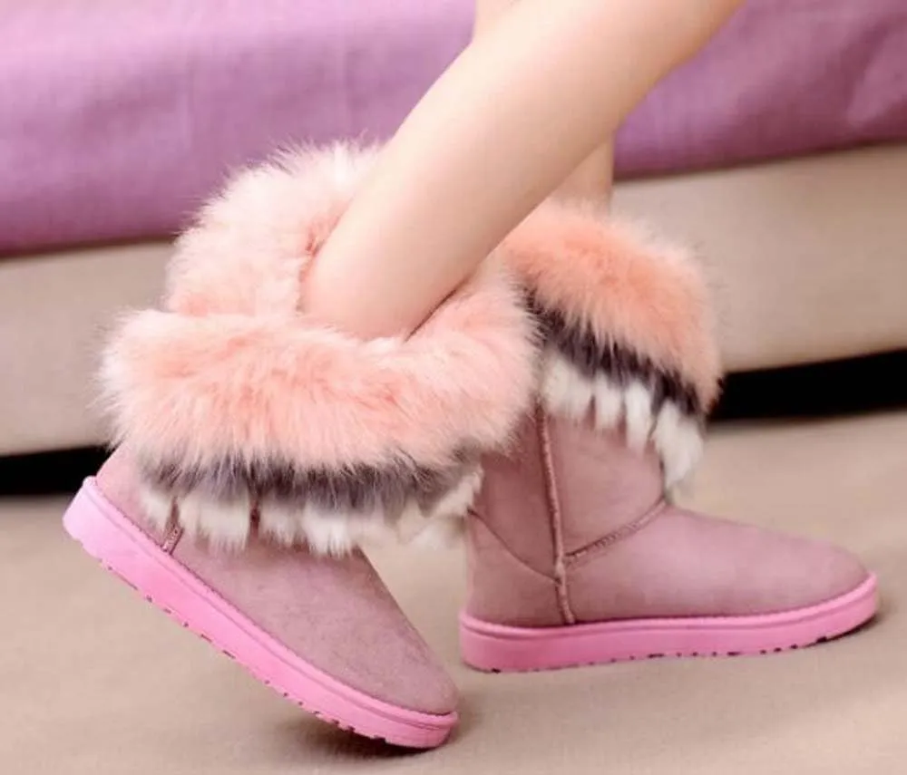 Naughtyangel Women Winter Warm Snow Ankle Boots Low Heels Faux Fox Rabbit Fur Tassel Shoes