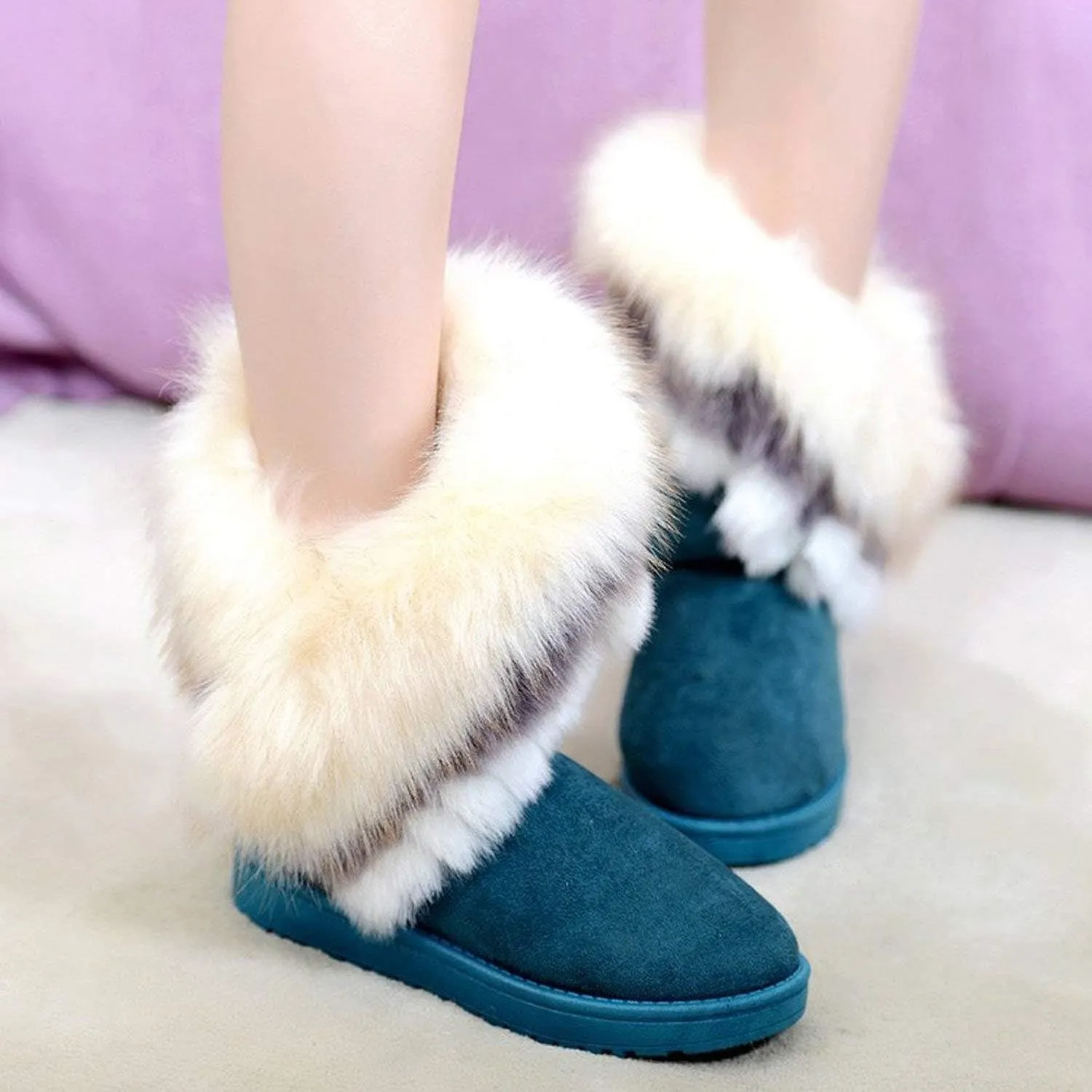 Naughtyangel Women Winter Warm Snow Ankle Boots Low Heels Faux Fox Rabbit Fur Tassel Shoes
