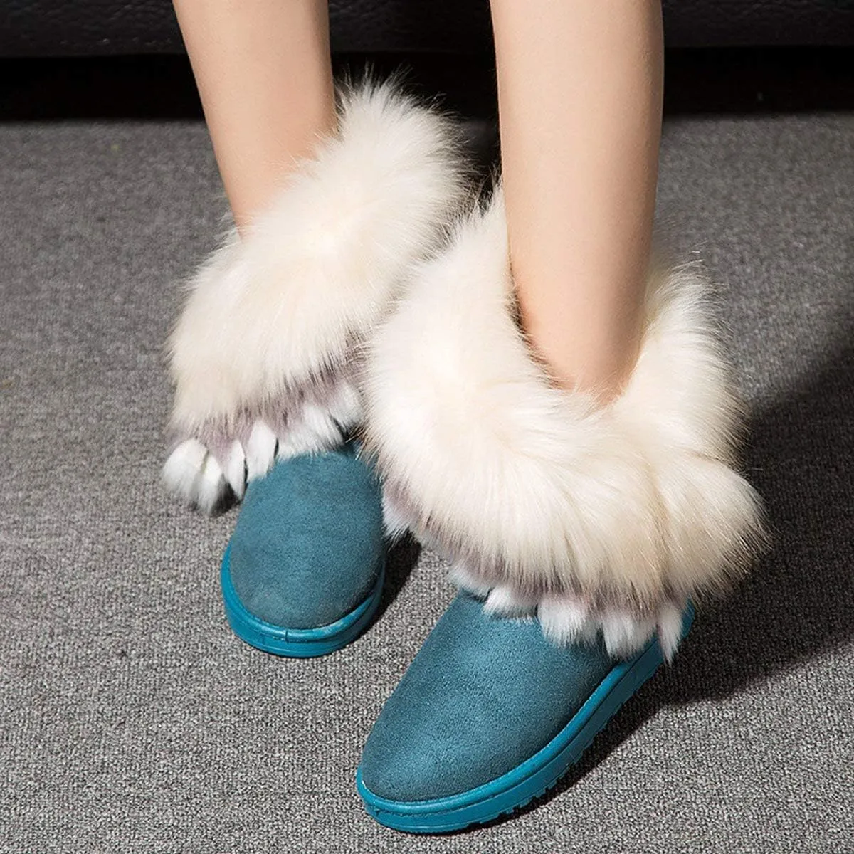 Naughtyangel Women Winter Warm Snow Ankle Boots Low Heels Faux Fox Rabbit Fur Tassel Shoes