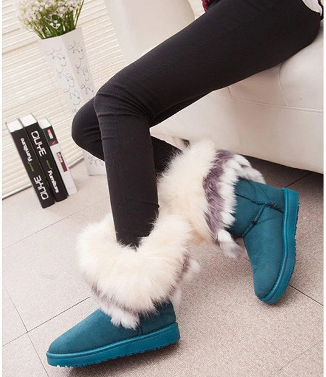 Naughtyangel Women Winter Warm Snow Ankle Boots Low Heels Faux Fox Rabbit Fur Tassel Shoes