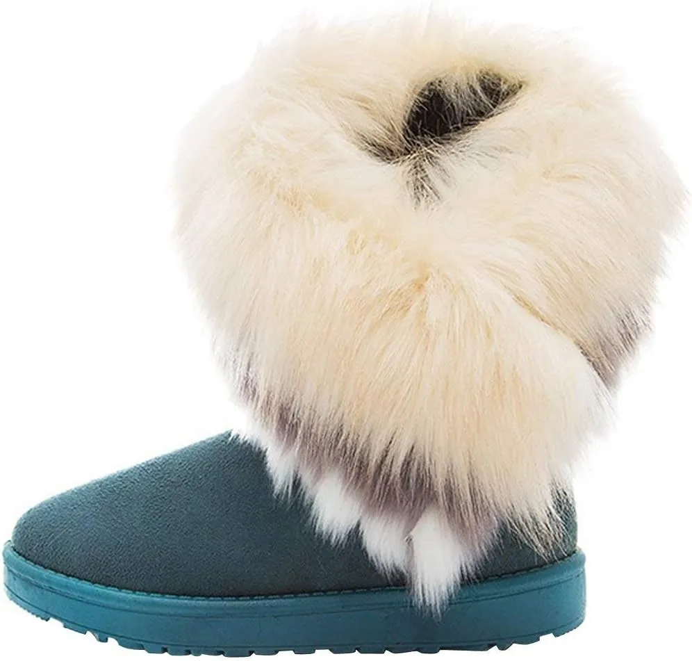 Naughtyangel Women Winter Warm Snow Ankle Boots Low Heels Faux Fox Rabbit Fur Tassel Shoes