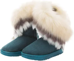 Naughtyangel Women Winter Warm Snow Ankle Boots Low Heels Faux Fox Rabbit Fur Tassel Shoes