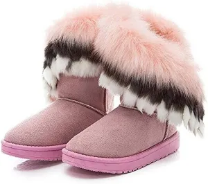 Naughtyangel Women Winter Warm Snow Ankle Boots Low Heels Faux Fox Rabbit Fur Tassel Shoes