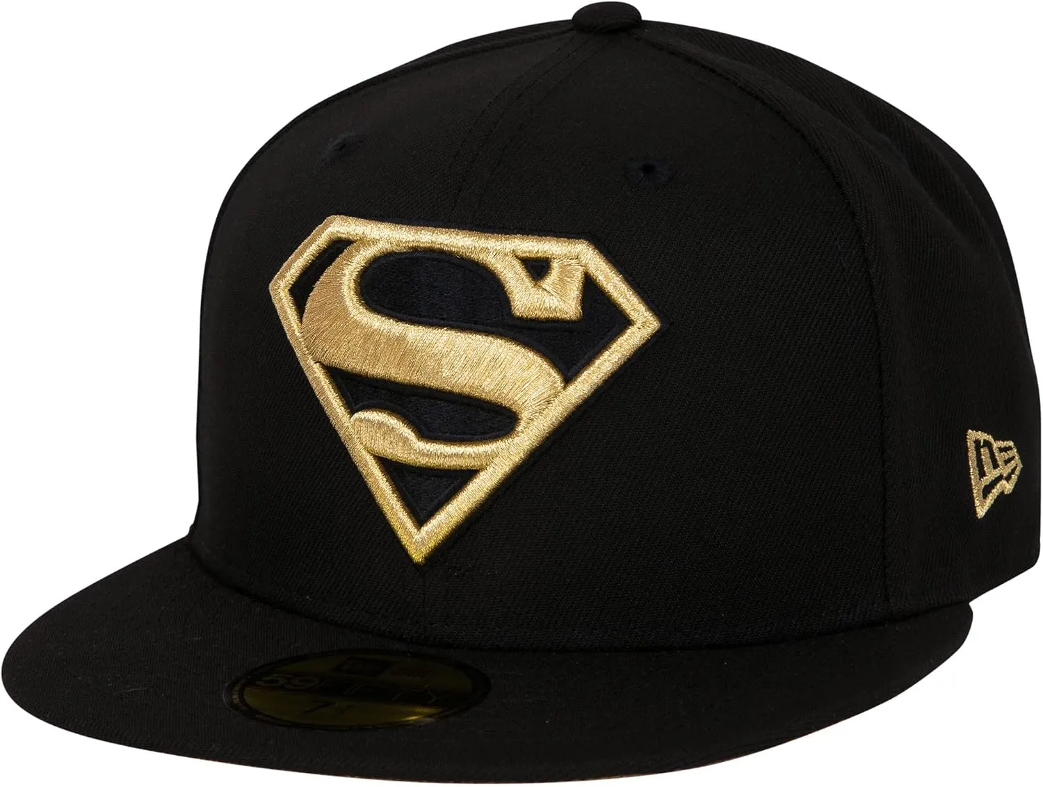 New Era Superman Gold Logo Black Colorway 59Fifty Fitted Hat (US, Numeric, 7 3/8, Black)