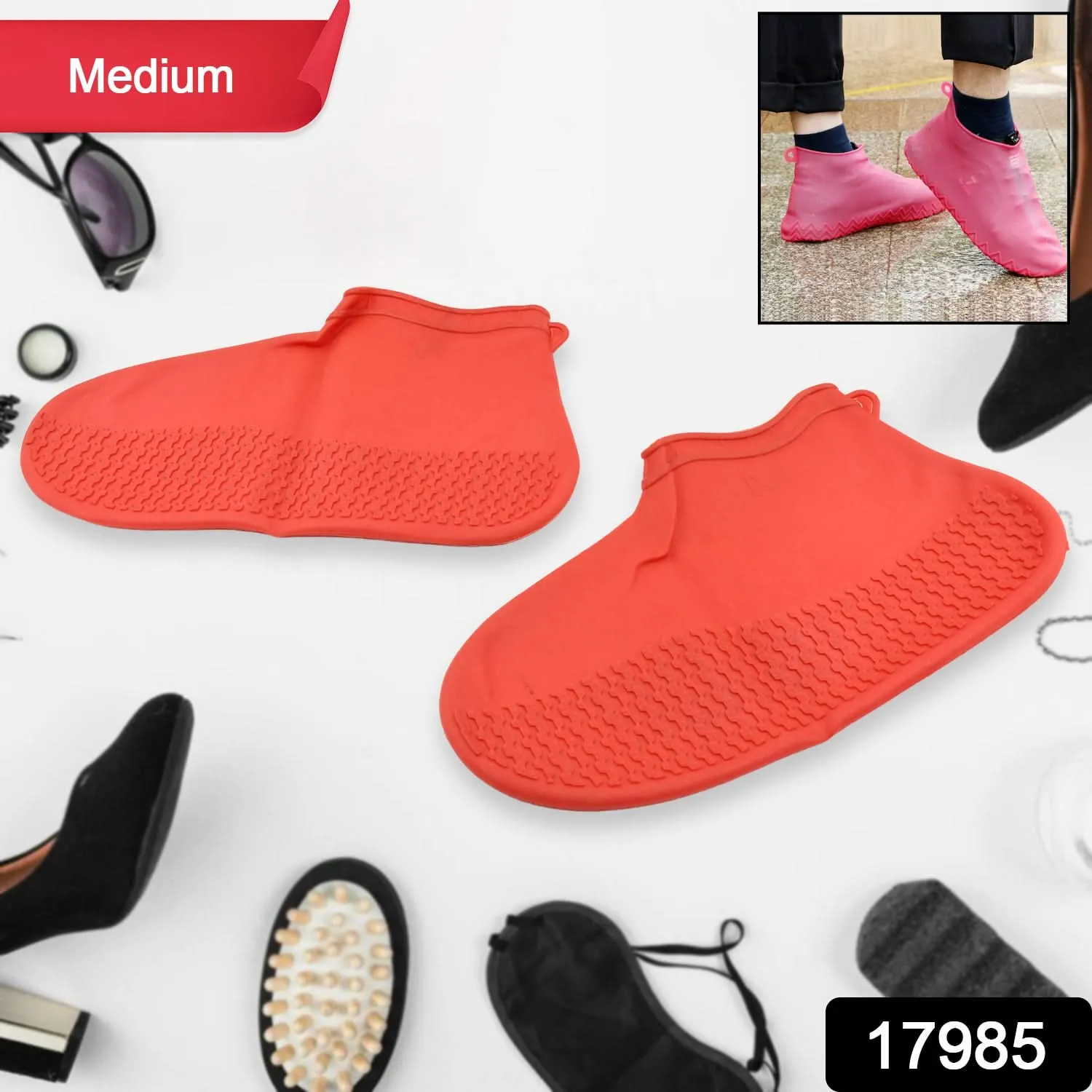 Non-Slip Waterproof Silicone Shoe Covers (Red, Medium, 1 Pair)