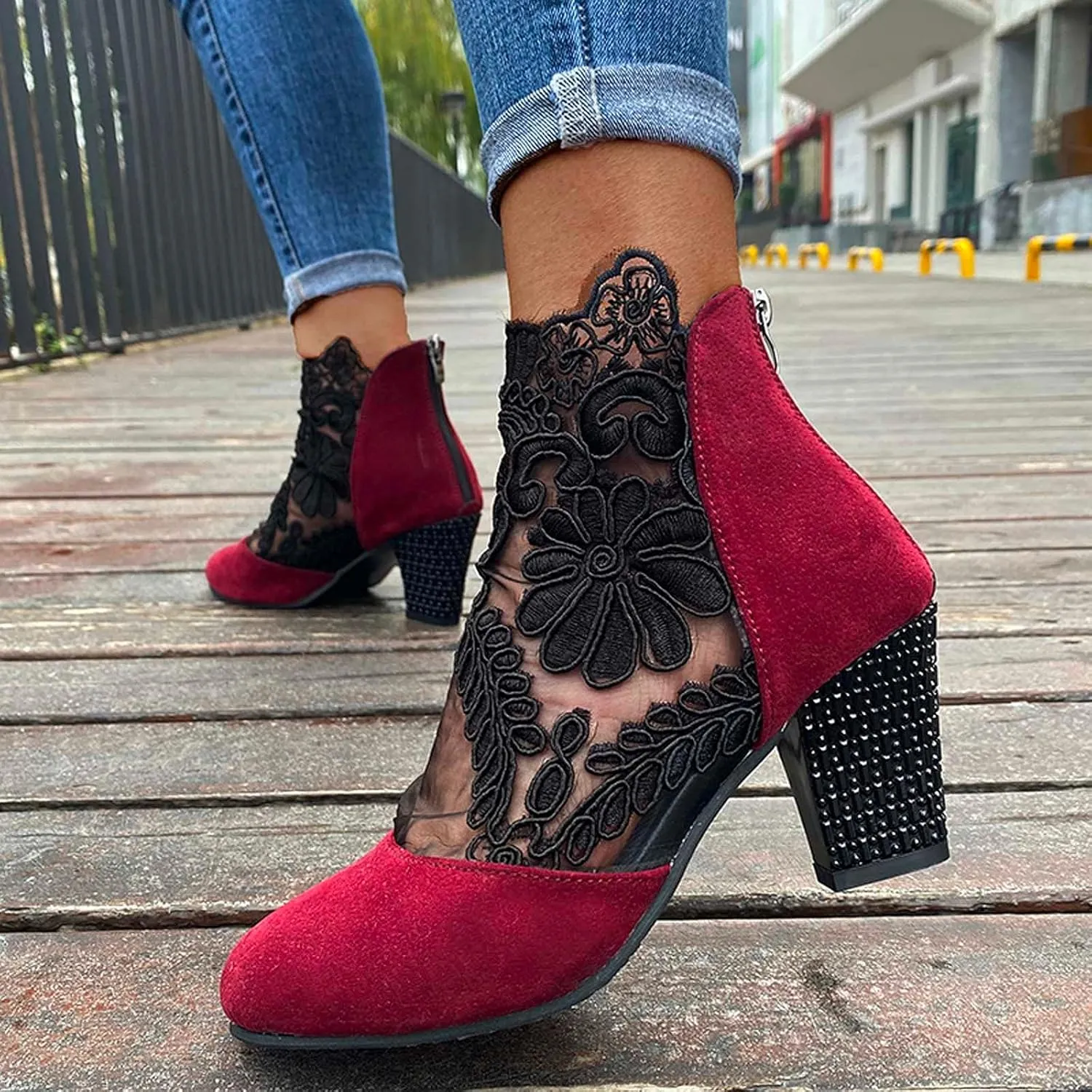 oiangi Summer Trendy Heels for Women Fashion Ethnic Style Net Yarn Breathable Closed Toe ​Flowers Back Zipper Casual High Heel Sandals