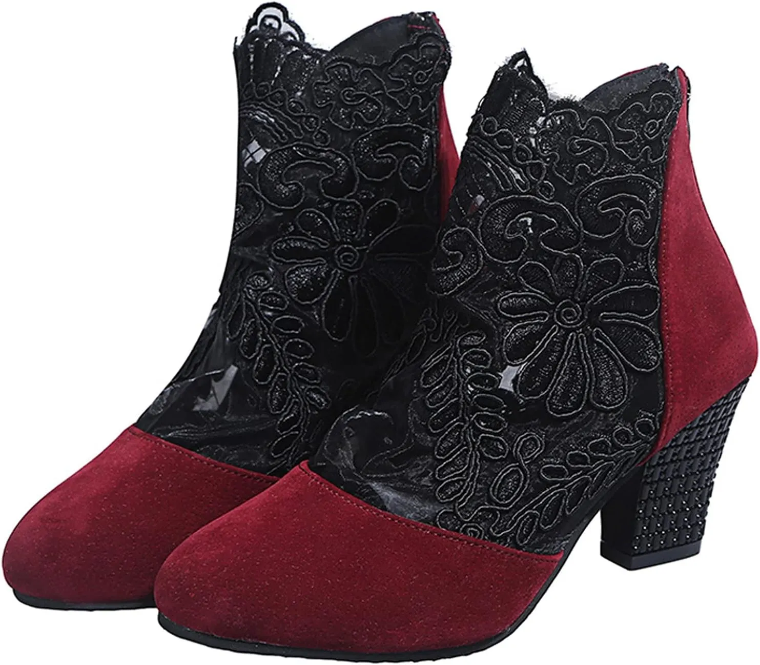 oiangi Summer Trendy Heels for Women Fashion Ethnic Style Net Yarn Breathable Closed Toe ​Flowers Back Zipper Casual High Heel Sandals