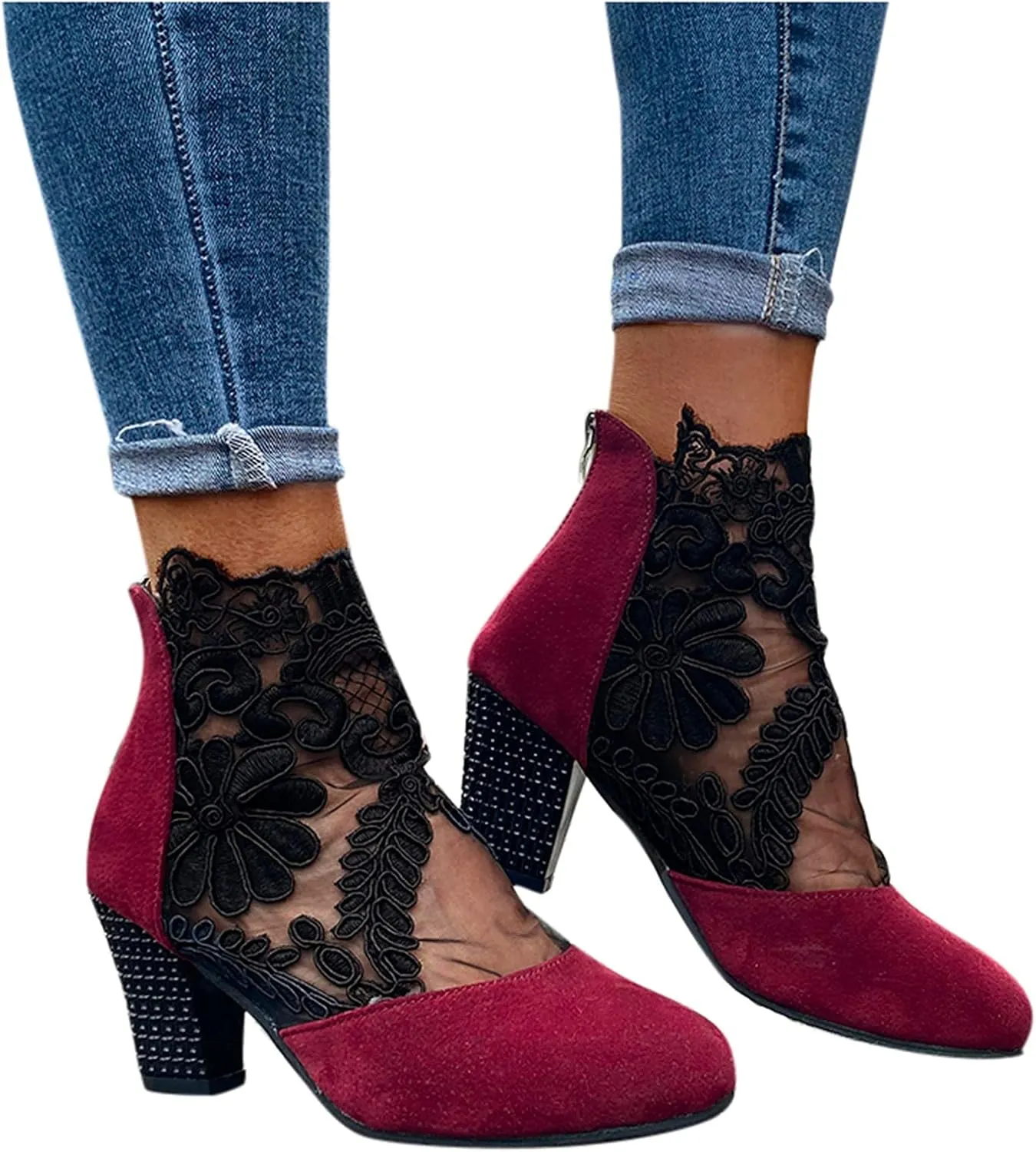oiangi Summer Trendy Heels for Women Fashion Ethnic Style Net Yarn Breathable Closed Toe ​Flowers Back Zipper Casual High Heel Sandals