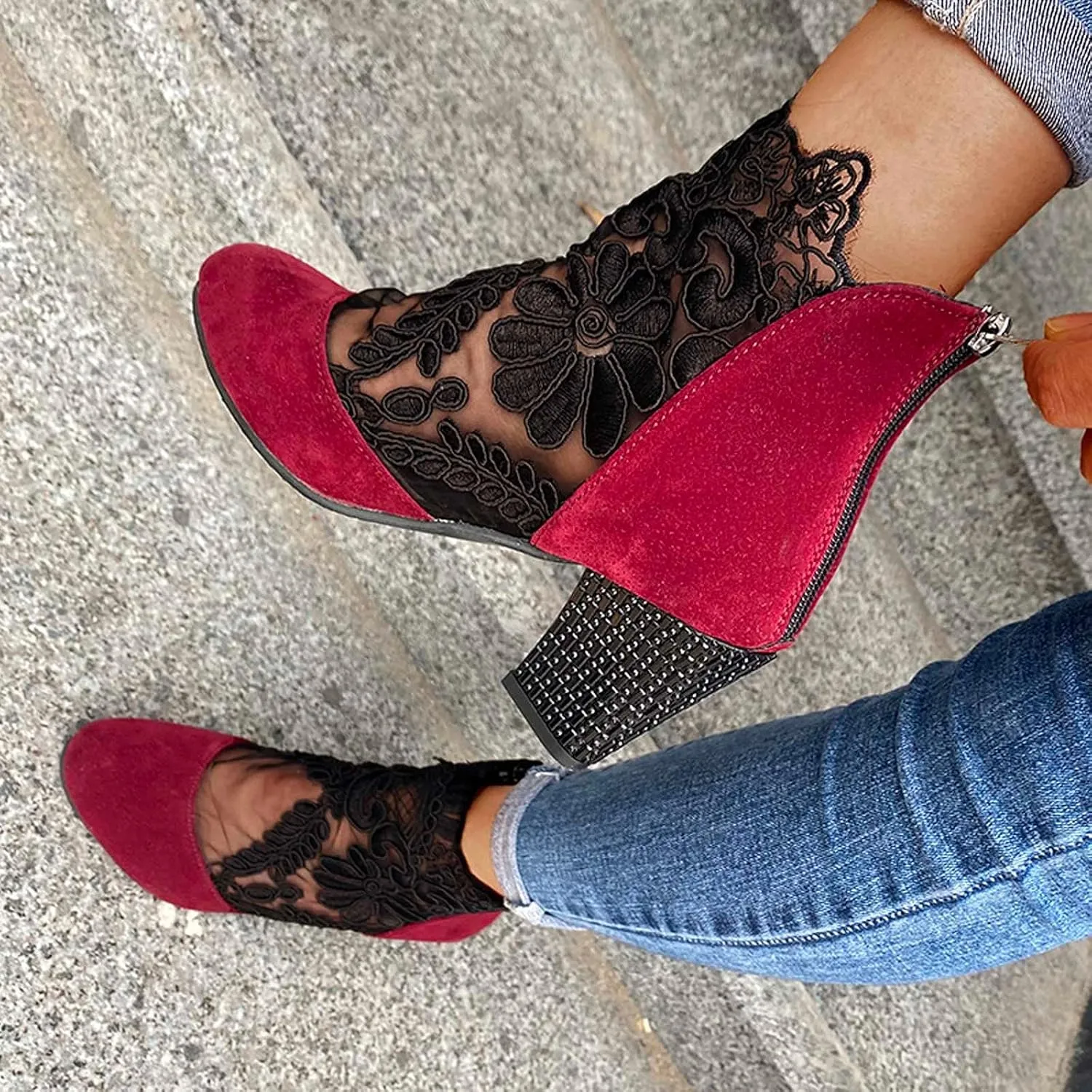 oiangi Summer Trendy Heels for Women Fashion Ethnic Style Net Yarn Breathable Closed Toe ​Flowers Back Zipper Casual High Heel Sandals