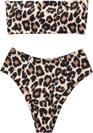 OMKAGI Women's 2 Pieces Bandeau Bikini Swimsuits Off Shoulder High Waist Bathing Suit High Cut