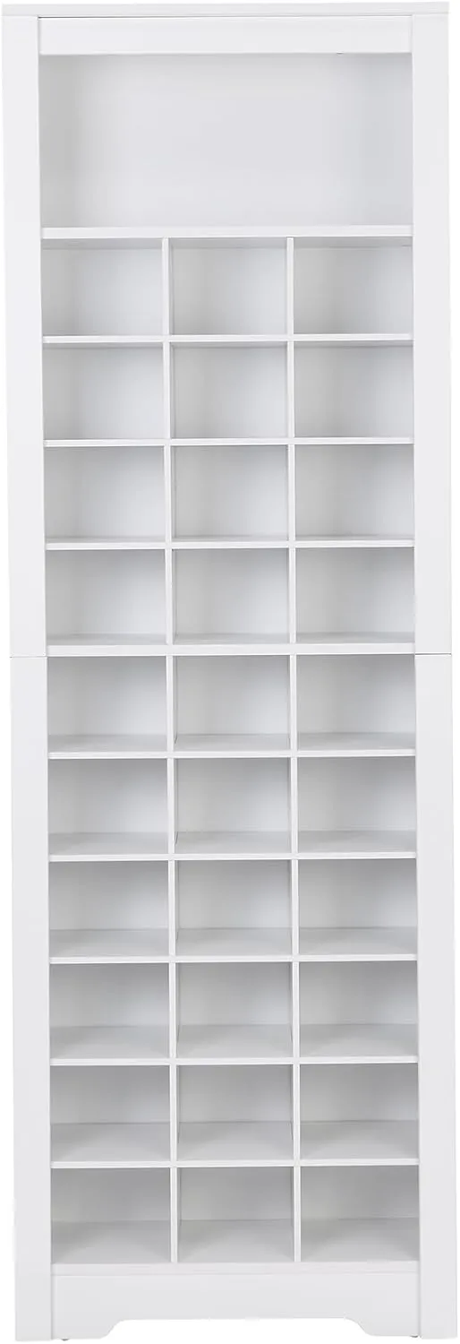 ON-Trend Stylish Design 30 Shoe Cubby Console, Contemporary Shoe Cabinet with Multiple Storage Capacity, Free Standing Tall Cabinet with Versatile Use for Hallway, Bedroom, White