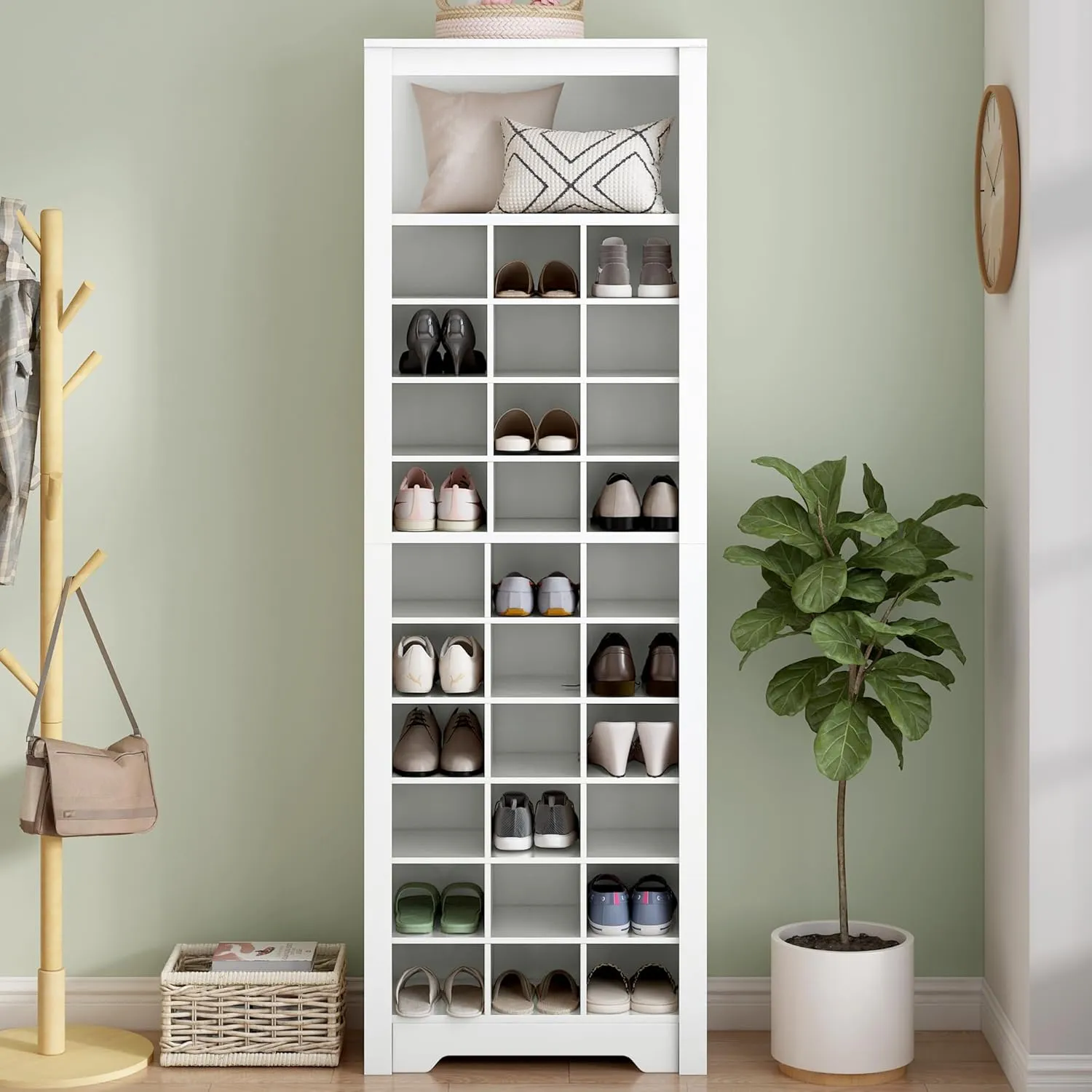 ON-Trend Stylish Design 30 Shoe Cubby Console, Contemporary Shoe Cabinet with Multiple Storage Capacity, Free Standing Tall Cabinet with Versatile Use for Hallway, Bedroom, White
