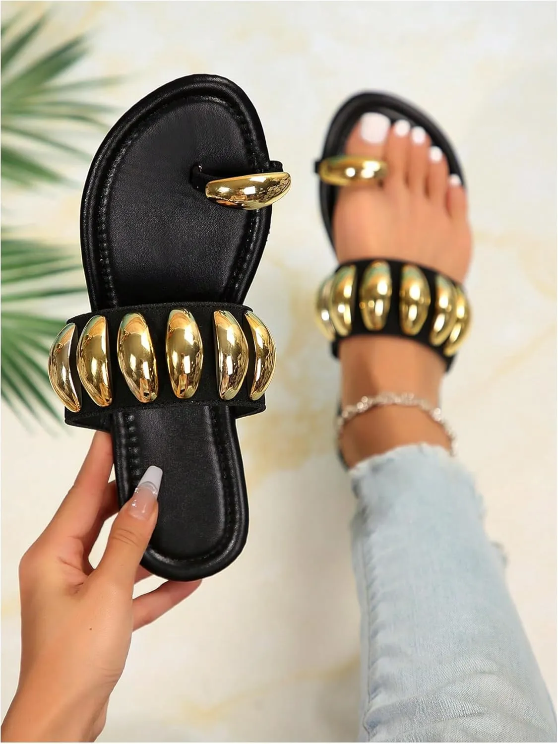 OYOANGLE Women's Metal Decor Toe Ring Slide Sandals Open Toe One Band Slip on Flat Sandal