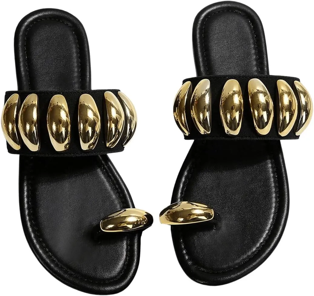 OYOANGLE Women's Metal Decor Toe Ring Slide Sandals Open Toe One Band Slip on Flat Sandal
