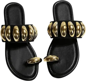 OYOANGLE Women's Metal Decor Toe Ring Slide Sandals Open Toe One Band Slip on Flat Sandal