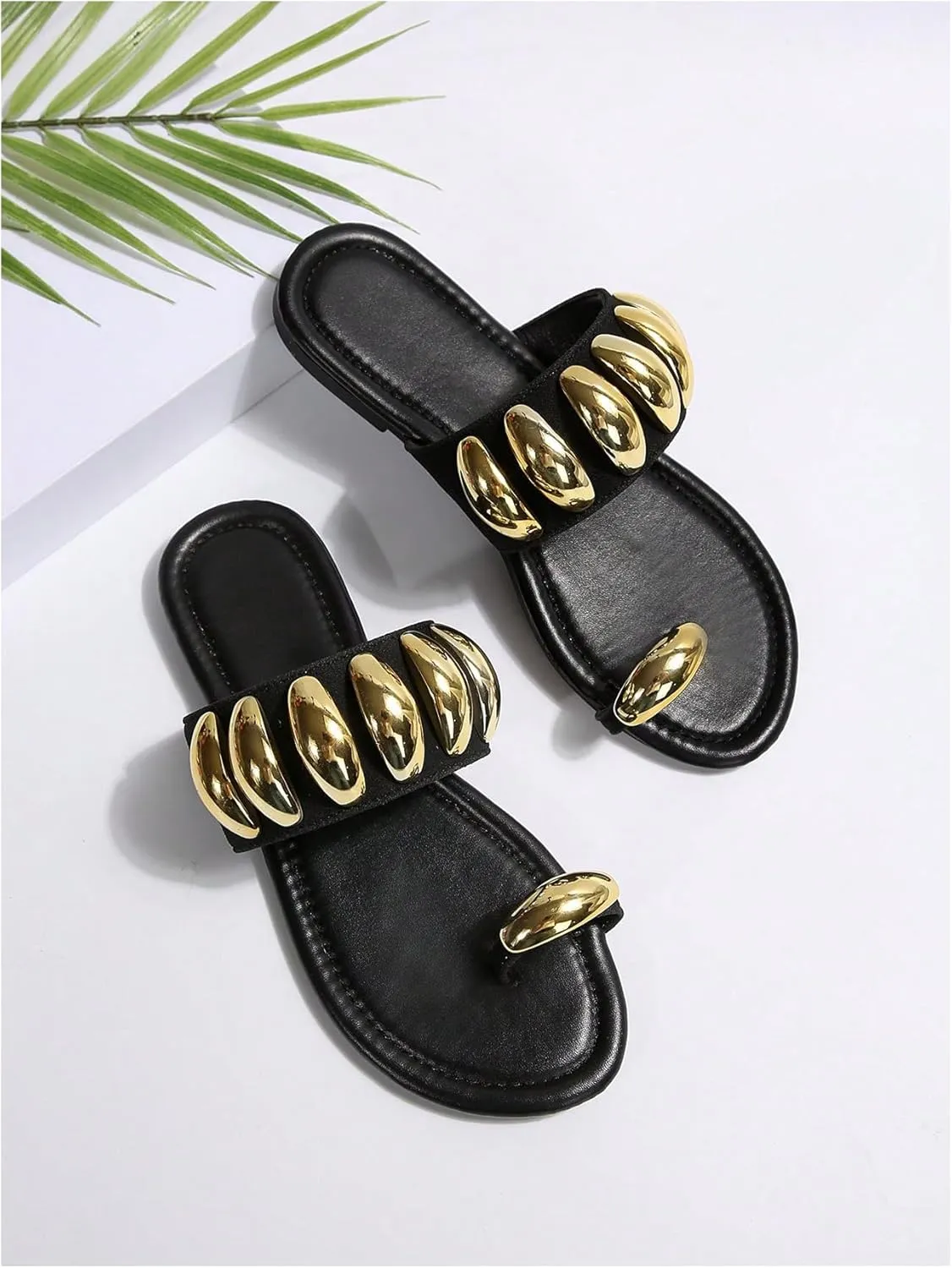 OYOANGLE Women's Metal Decor Toe Ring Slide Sandals Open Toe One Band Slip on Flat Sandal
