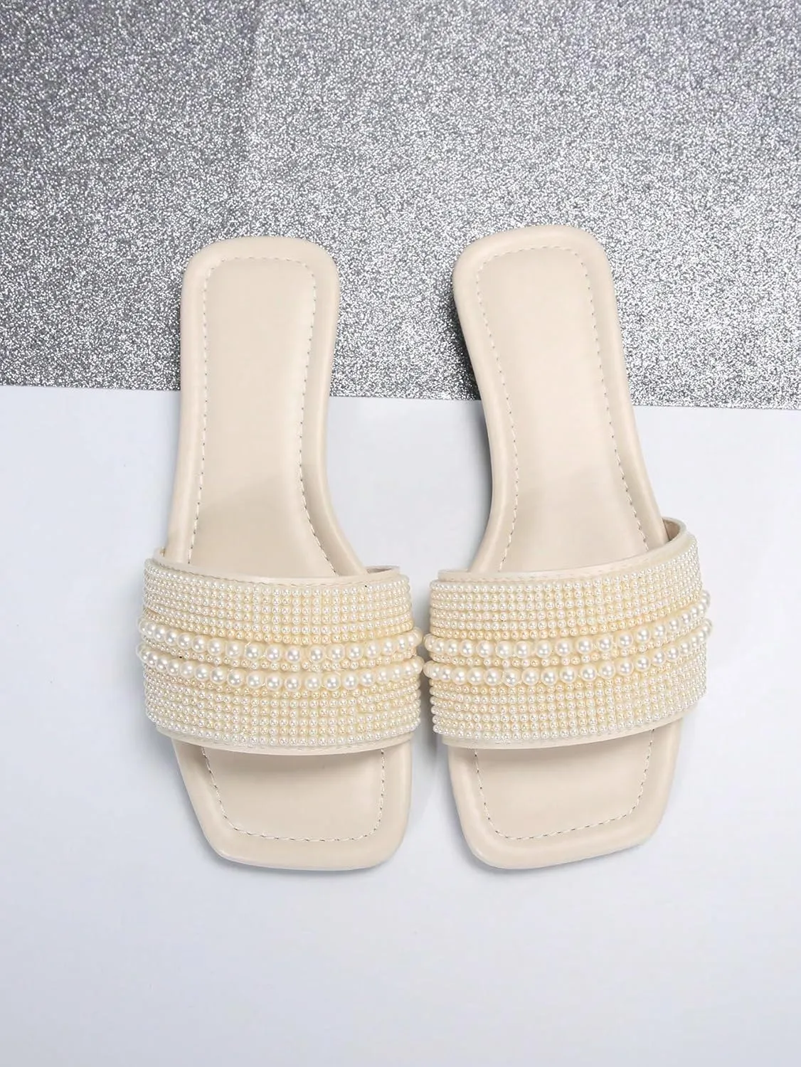 OYOANGLE Women's Pearl Beaded Single Band Square Open Toe Flat Sandals Elegant Casual Leather Slides Slippers