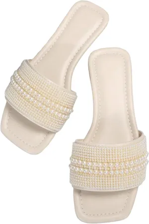 OYOANGLE Women's Pearl Beaded Single Band Square Open Toe Flat Sandals Elegant Casual Leather Slides Slippers