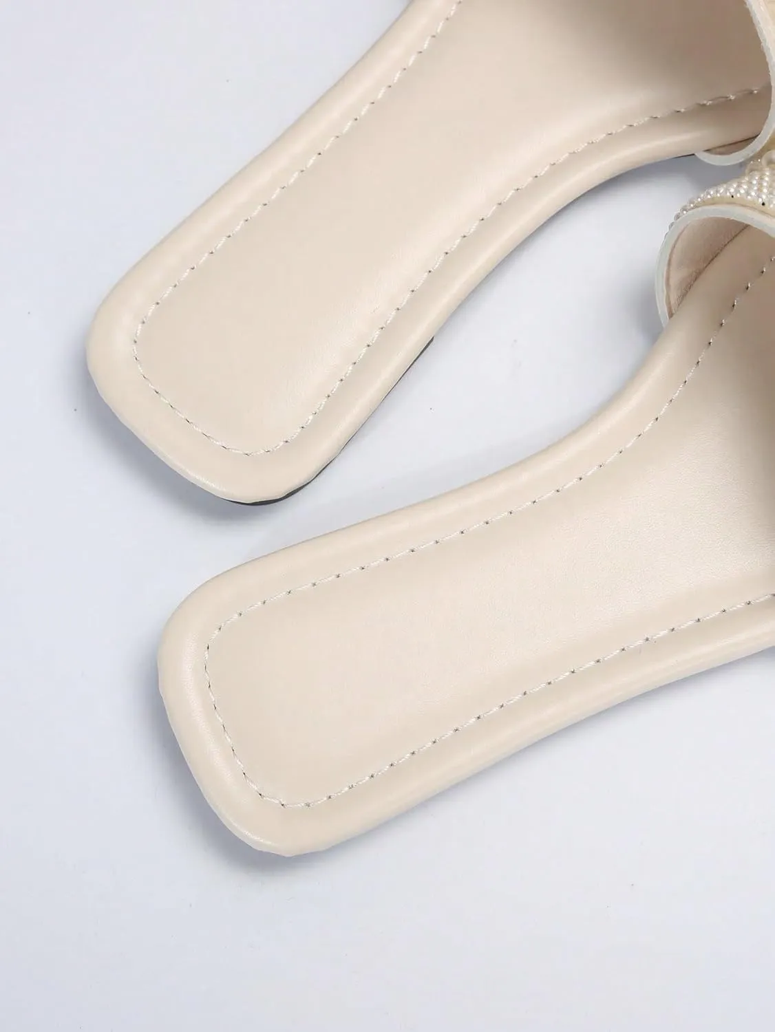 OYOANGLE Women's Pearl Beaded Single Band Square Open Toe Flat Sandals Elegant Casual Leather Slides Slippers