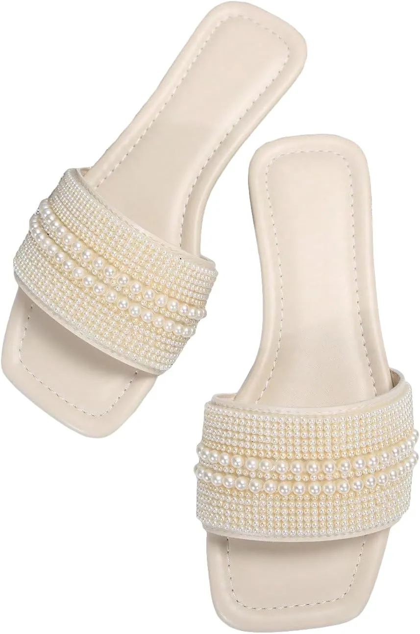 OYOANGLE Women's Pearl Beaded Single Band Square Open Toe Flat Sandals Elegant Casual Leather Slides Slippers