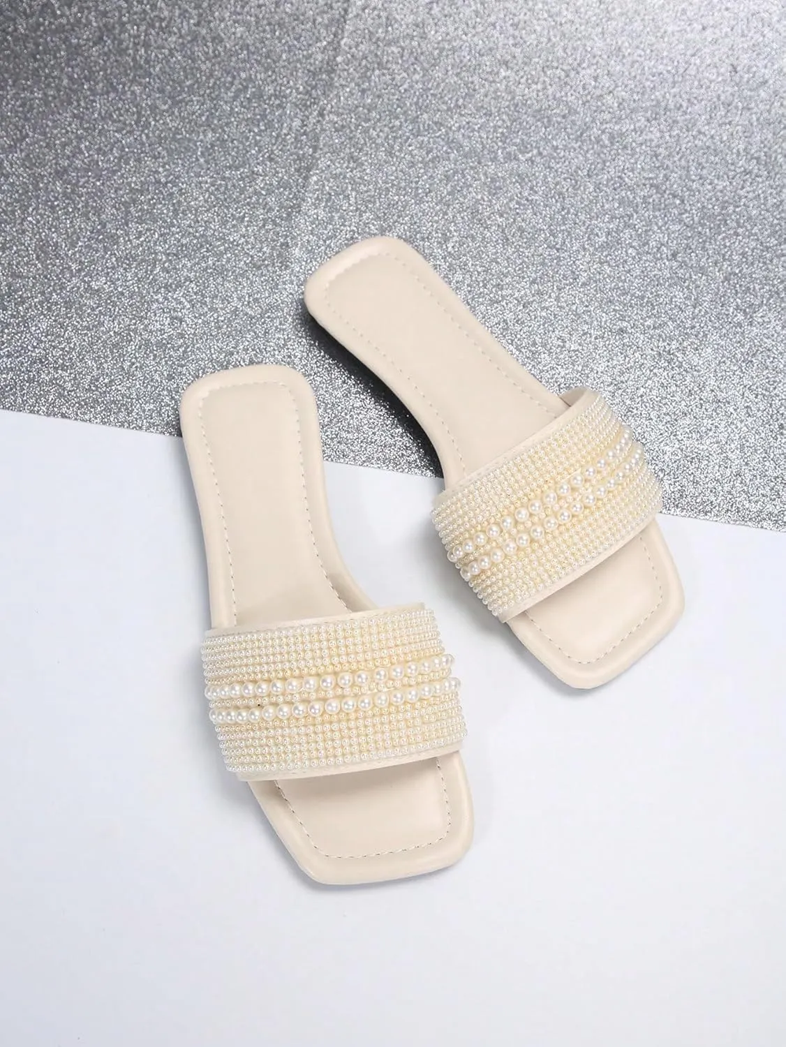 OYOANGLE Women's Pearl Beaded Single Band Square Open Toe Flat Sandals Elegant Casual Leather Slides Slippers