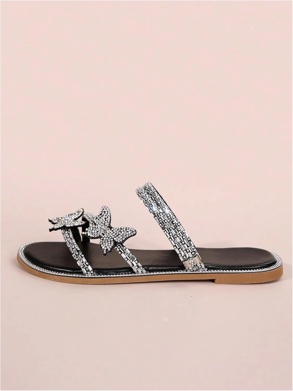 OYOANGLE Women's PU Leather Rhinestone Sandals Butterfly Strappy Flat Open Toe Elegant Slides Sandals