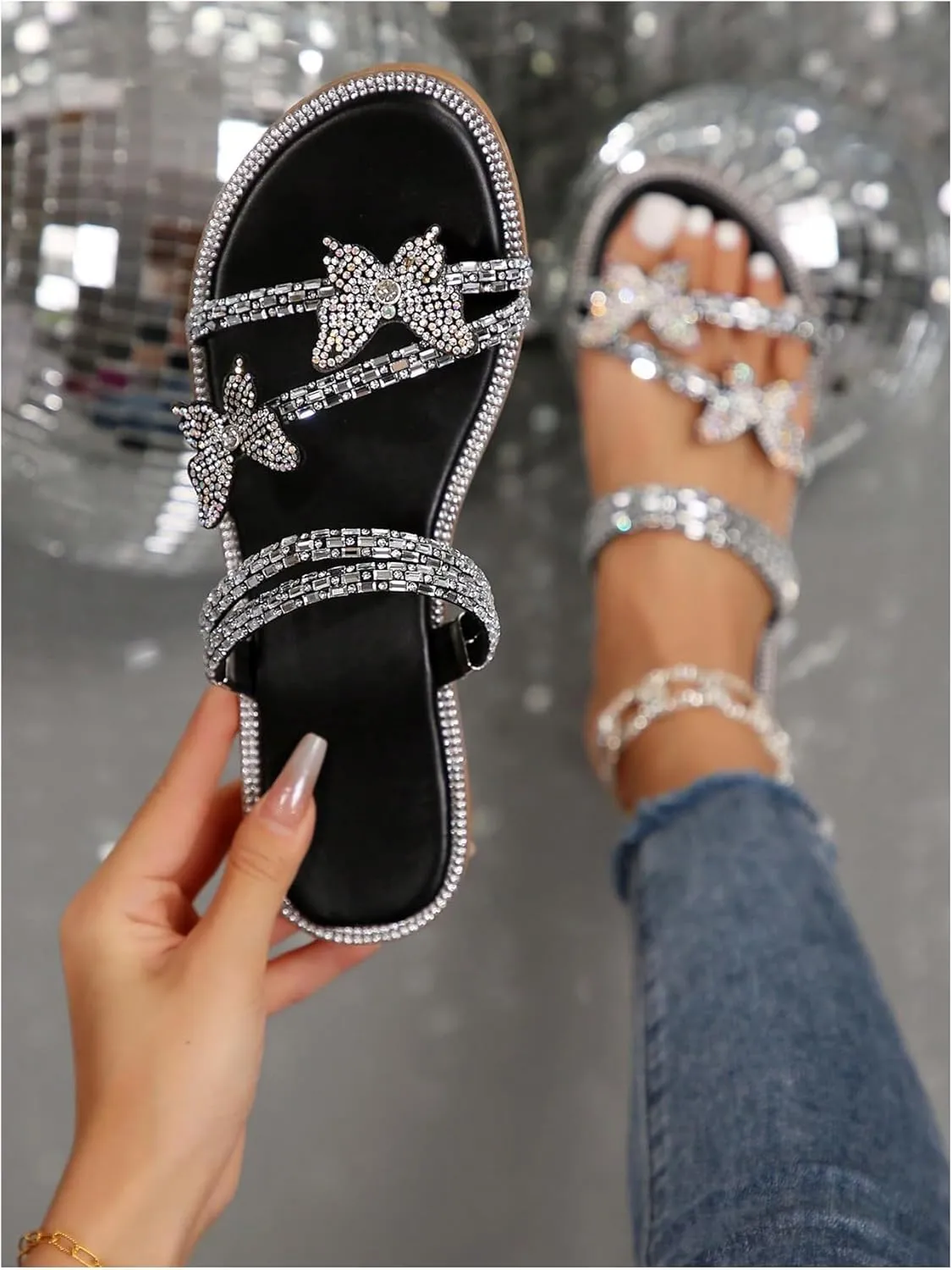 OYOANGLE Women's PU Leather Rhinestone Sandals Butterfly Strappy Flat Open Toe Elegant Slides Sandals