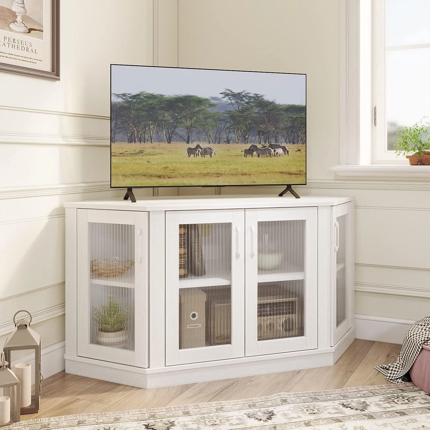 Panana Corner TV Stand - 47 Inch Media Console with 4 Doors and Shelves, Living Room Storage for TVs up to 51 Inch (White)