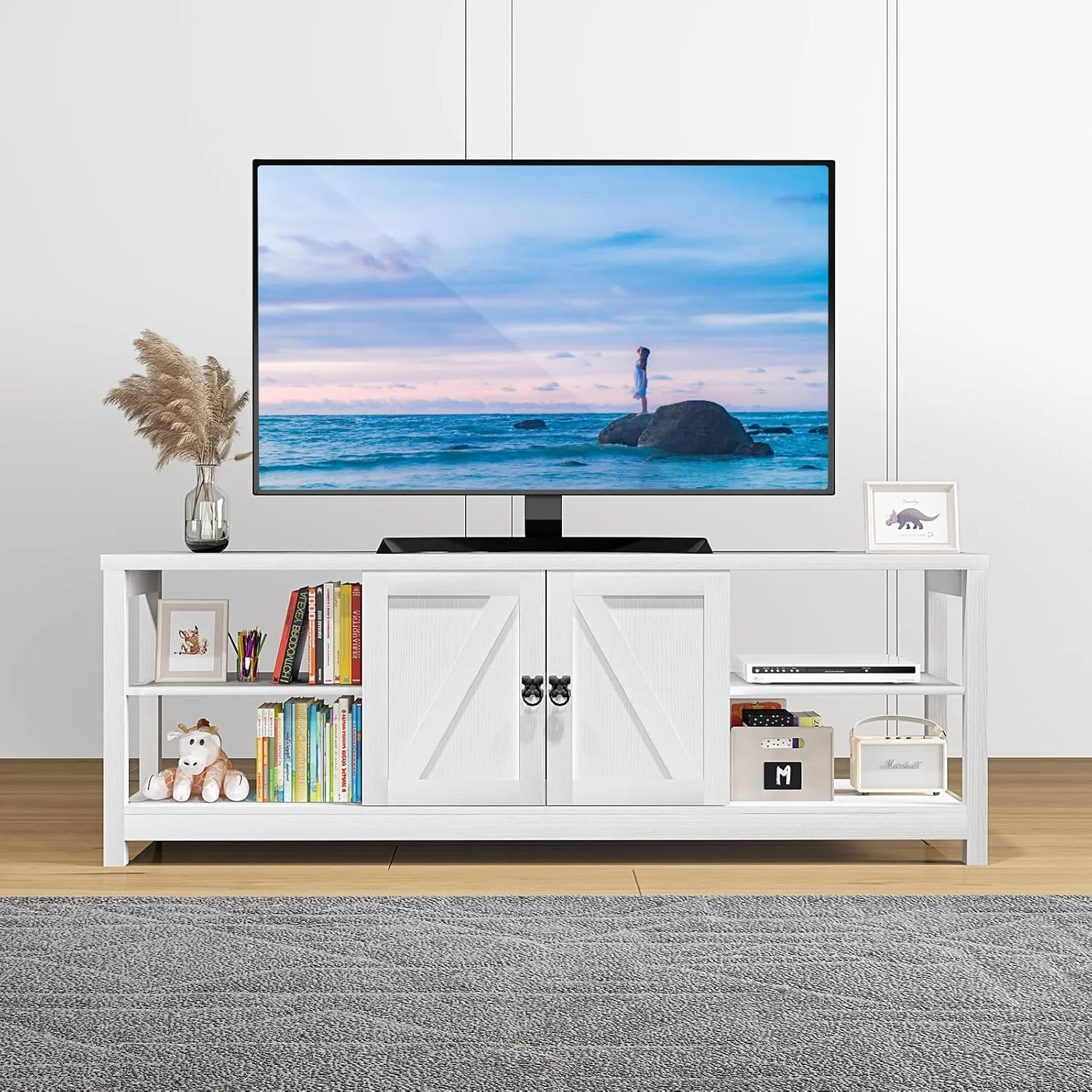 Panana TV Stand Entertainment Center Television Stands with 2 Doors and Storage Shelves, Media Stand TV Table TV Console for 75 inch TV for Living Room Bedroom (White, 65 inches)