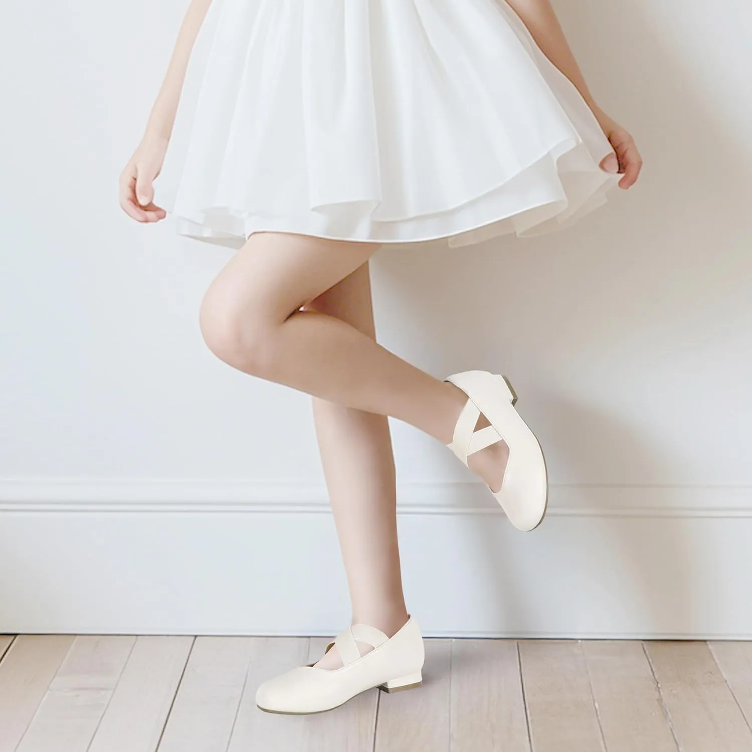 PANDANINJIA Girls Dress Shoes Ballet Flats Mary Jane Elastic Cross Strap Little Big Kid Low Heels Flower Girl Shoes