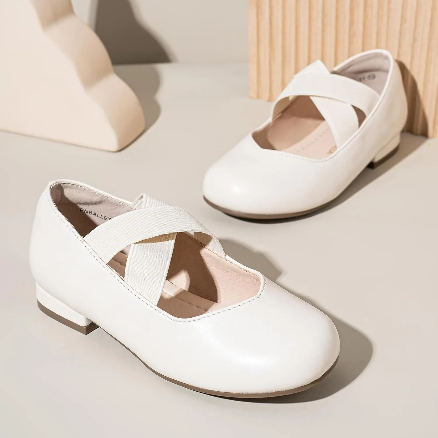 PANDANINJIA Girls Dress Shoes Ballet Flats Mary Jane Elastic Cross Strap Little Big Kid Low Heels Flower Girl Shoes