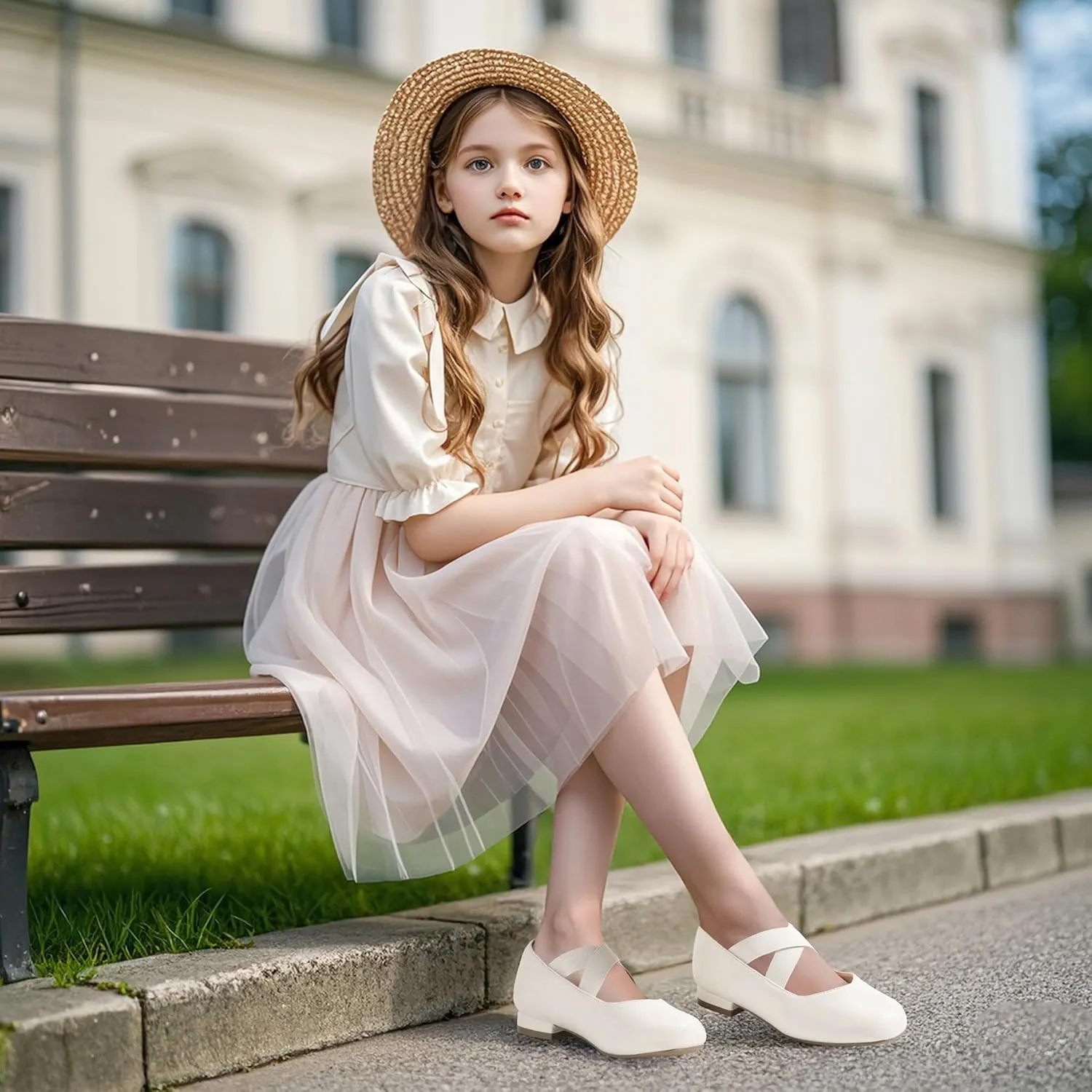 PANDANINJIA Girls Dress Shoes Ballet Flats Mary Jane Elastic Cross Strap Little Big Kid Low Heels Flower Girl Shoes