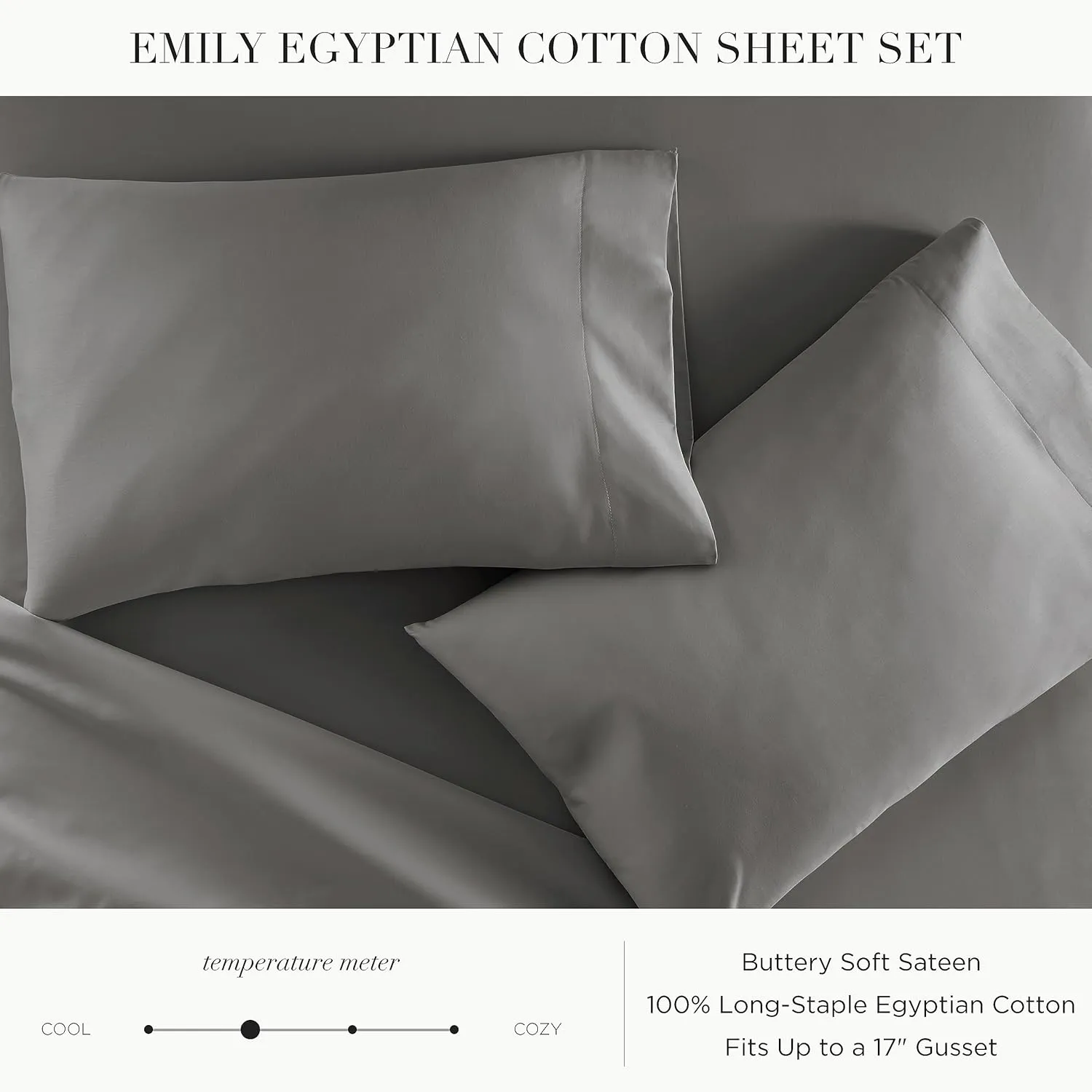 Peacock Alley Emily Sheet Sets - 100% Egyptian Cotton, 500 Thread Count Sateen Sheets for All Seasons - Dream at Home Collection - Queen, Tin