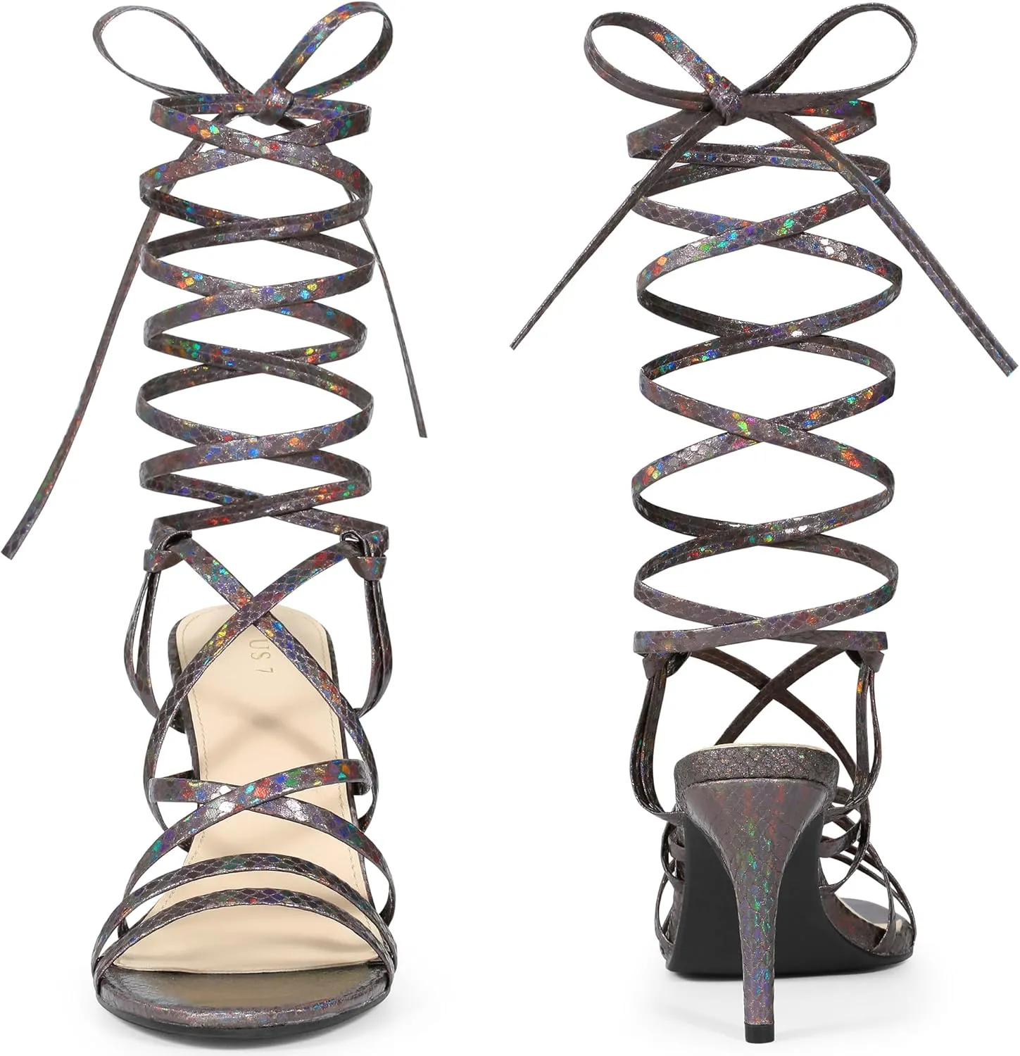 Perphy Snakeskin Print Strappy Lace Up Heeled Over 3 Inch Stiletto Heels Gladiator Sandals for Women