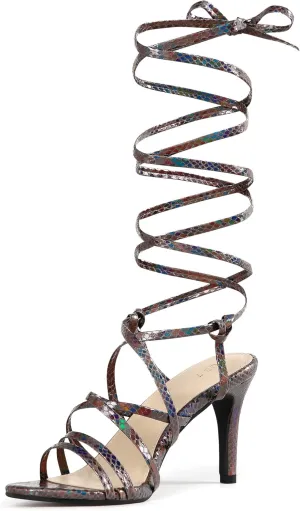 Perphy Snakeskin Print Strappy Lace Up Heeled Over 3 Inch Stiletto Heels Gladiator Sandals for Women