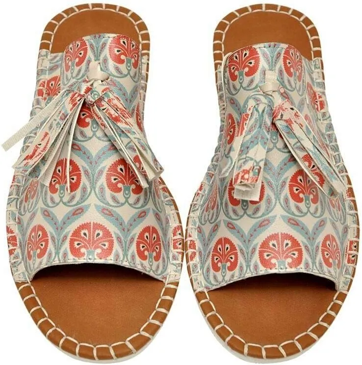 Personalize Your Life Pine - Printed Flat Slide Slippers - Tassel Detail - Everyday Fashion - Chic, Elegant, and Casual Style - Vegan, Environmentally Friendly and Handmade - Breathable Content