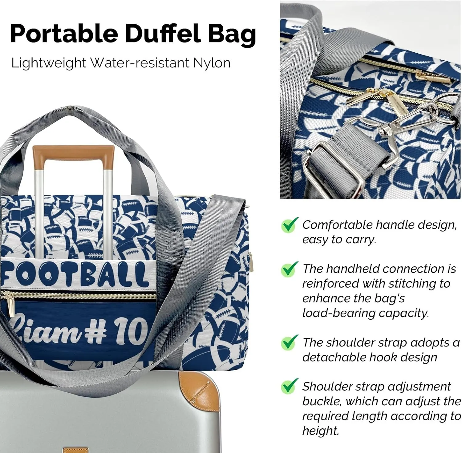 Personalized Name Sports Player Duffel Bags American Football Blue Navy Travel Perform Training Casual Bag