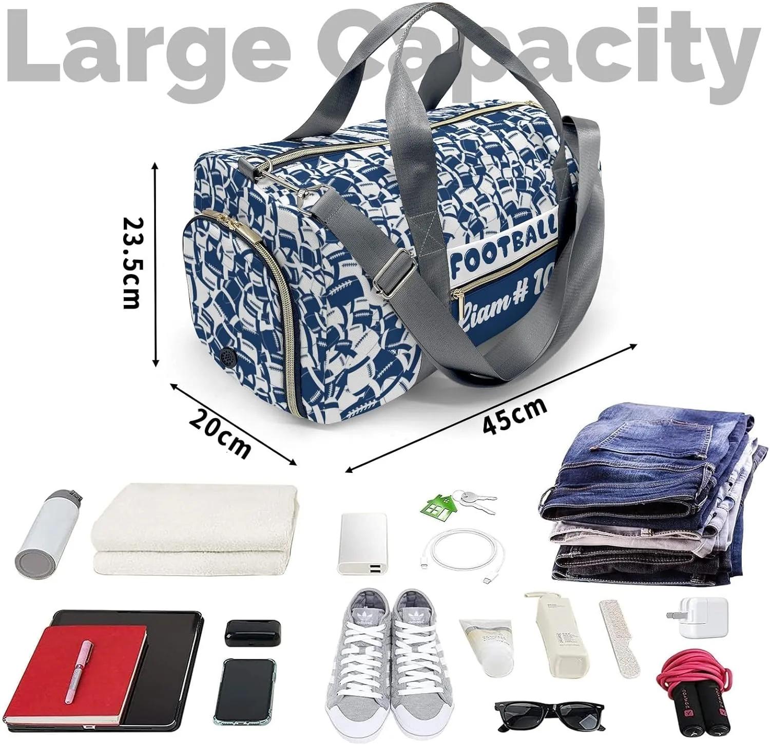 Personalized Name Sports Player Duffel Bags American Football Blue Navy Travel Perform Training Casual Bag